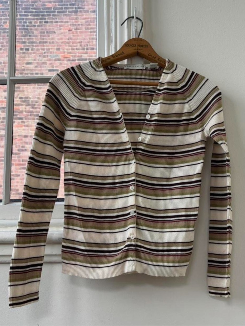 Vintage Lord & Taylor Ribbed Button-Up Cardigan with Multicolor Stripes